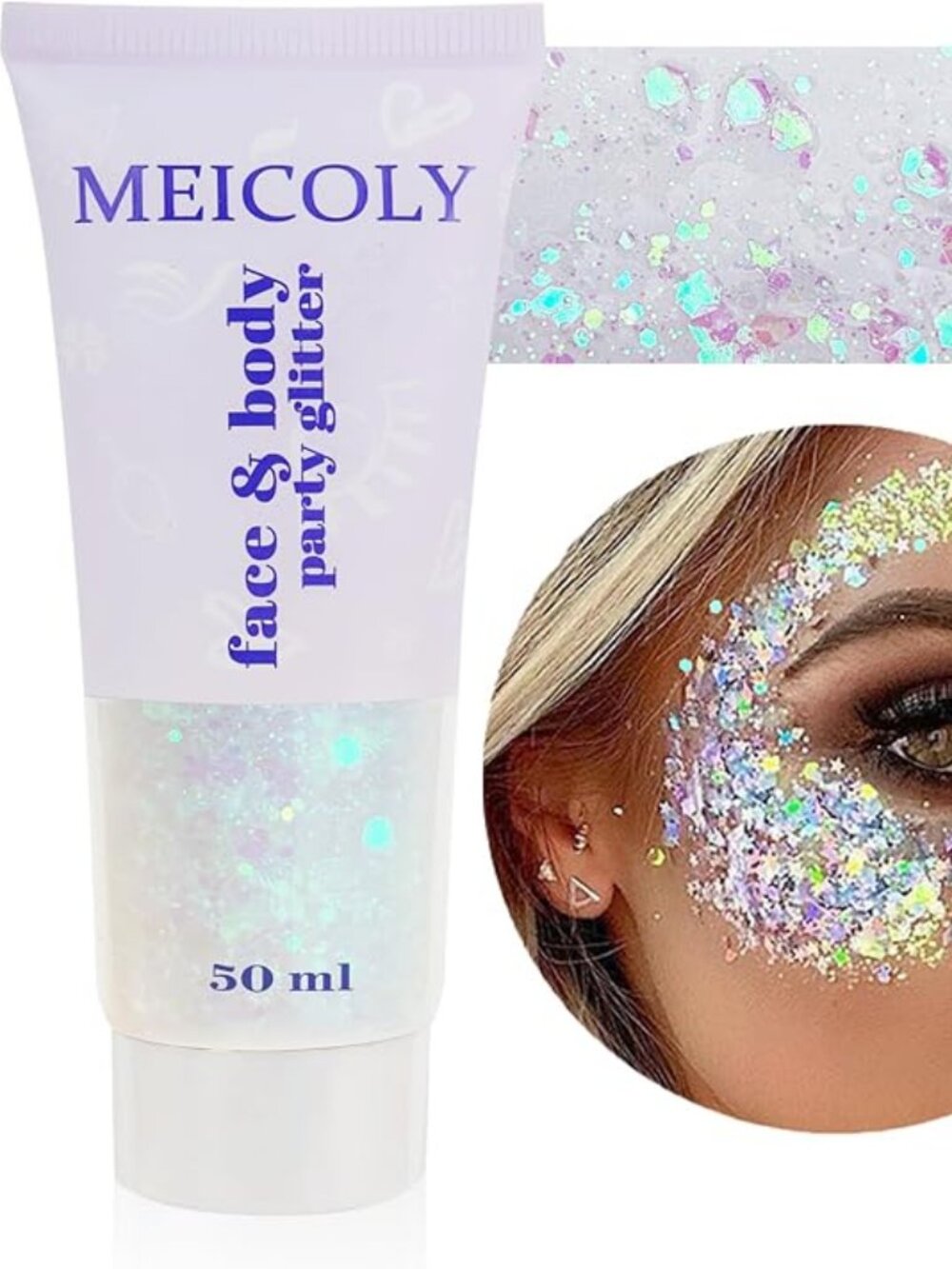 MEICOLY Clear White Face Body Glitter,Mardi Gras Face Glitter Makeup for Kids Wo